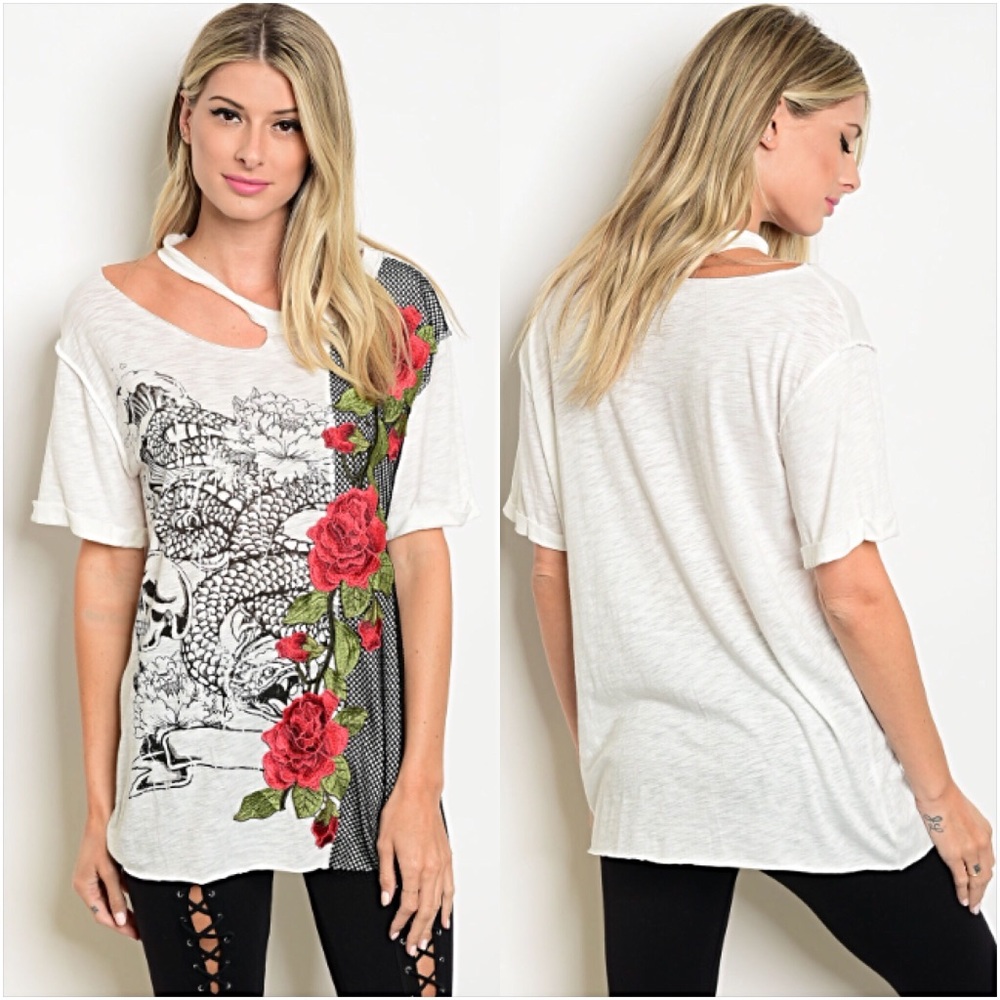 Distressed Rose Skull Graphic Tunic Tee SML - Picture 5 of 8